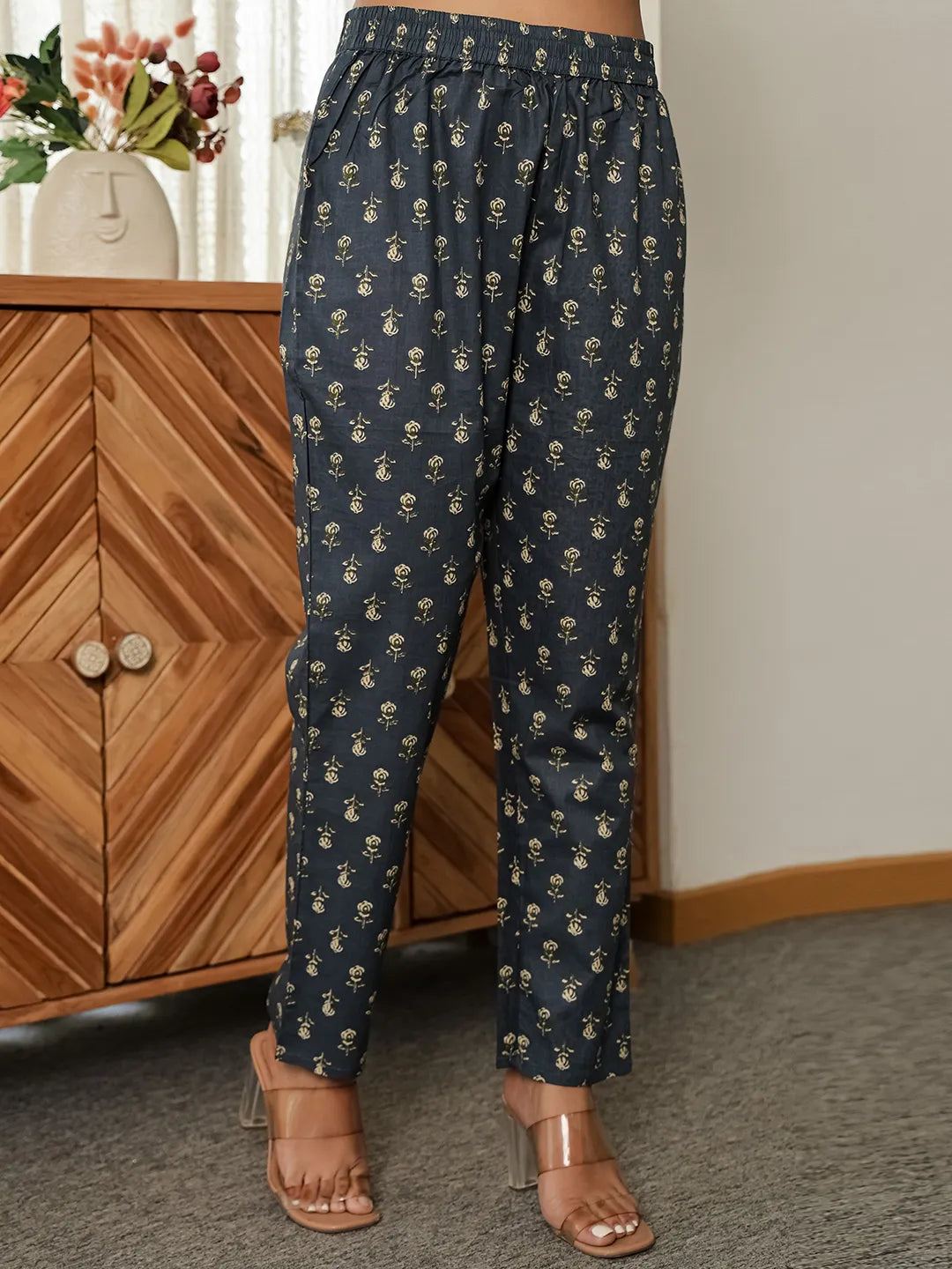 Navy Floral A-Line Kurta Trouser Dupatta Set With Lace Work