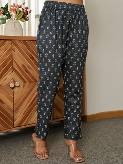 Navy Blue Floral A-Line Kurta Trouser Dupatta Set With Lace Work