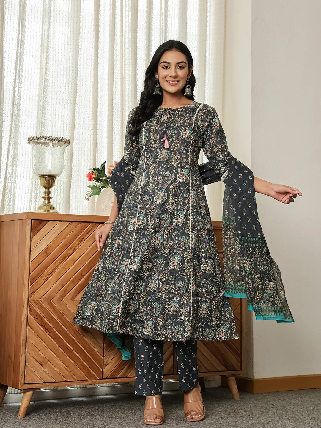 Navy Floral A-Line Kurta Trouser Dupatta Set With Lace Work