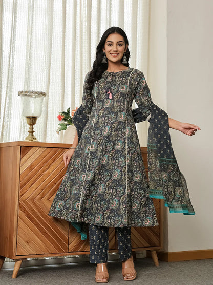 Navy Blue Floral A-Line Kurta Trouser Dupatta Set With Lace Work