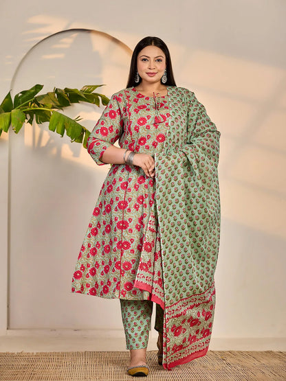 Women's Green Cotton Sea Green Cotton A-Line Plus Size Kurta Dupatta Set by Yufta, suitable for wholesale buyers, boutiques, retailers, resellers and bulk fashion orders from Trendphoria