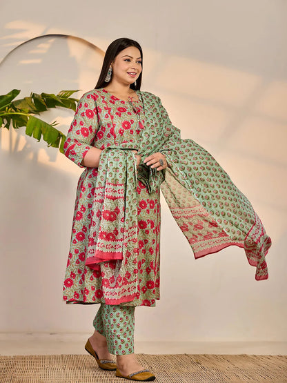 Sea Green Cotton A-Line Plus Size Kurta Dupatta Set