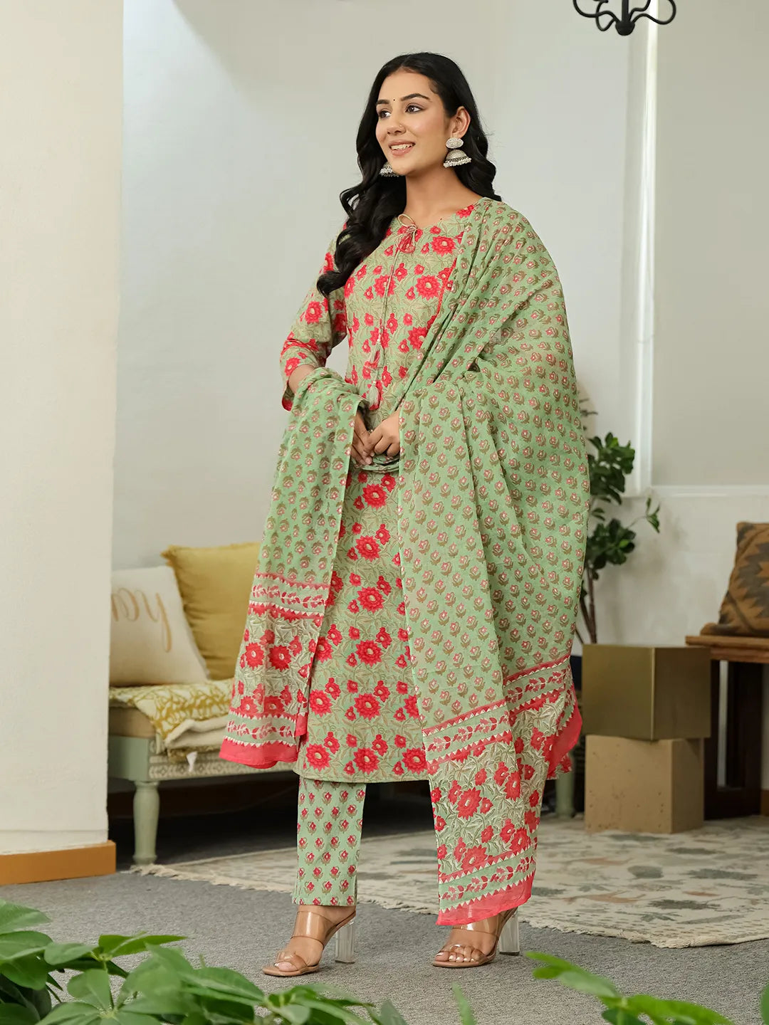 Sea Green Cotton A-Line Kurta Dupatta Set