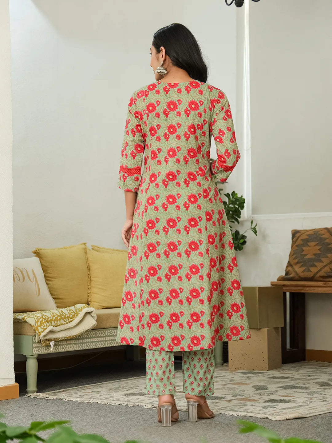 Sea Green Cotton A-Line Kurta Dupatta Set