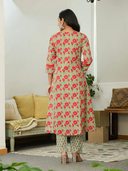 Sea Green Cotton A-Line Kurta Dupatta Set
