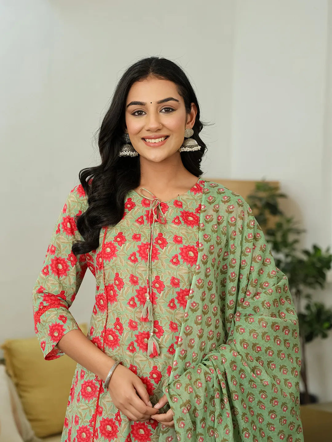 Sea Green Cotton A-Line Kurta Dupatta Set