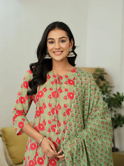 Sea Green Cotton A-Line Kurta Dupatta Set