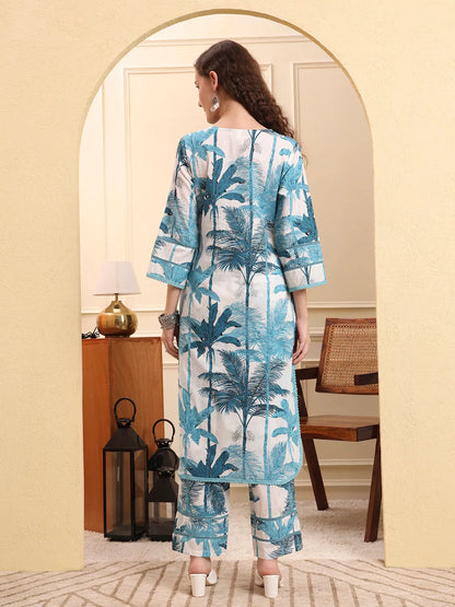 Blue Textured Print Straight Kurta Trouser Set Kurta