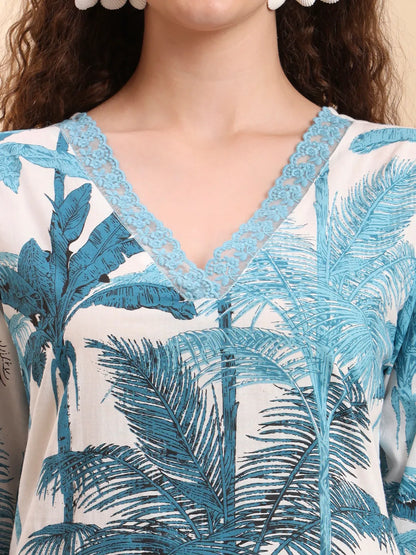 Blue Textured Print Straight Kurta Trouser Set Kurta