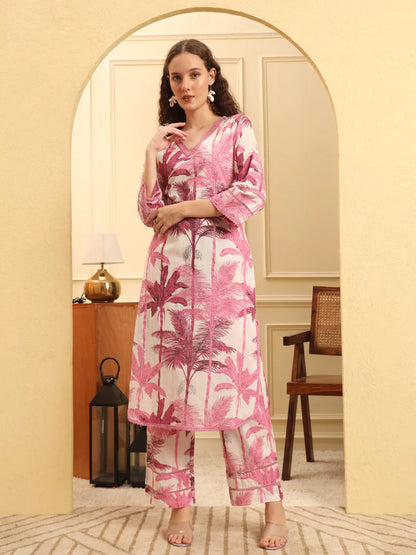 Pink Textured Print Straight Kurta Trouser Set Kurta