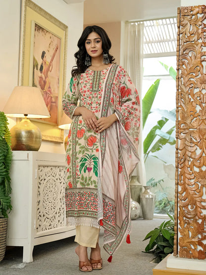 Pink Cotton Straight Floral Print Beads And Stones Lace Work Kurta Dupatta Set