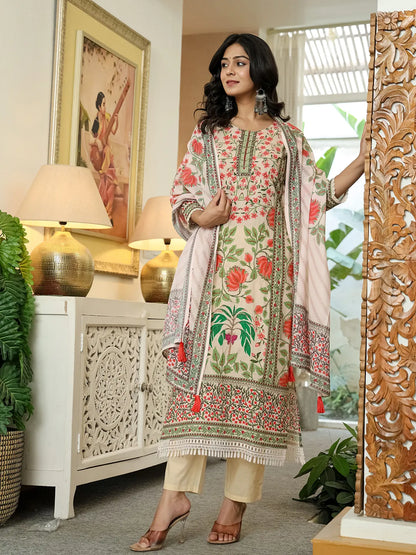 Pink Cotton Straight Floral Print Beads And Stones Lace Work Kurta Dupatta Set