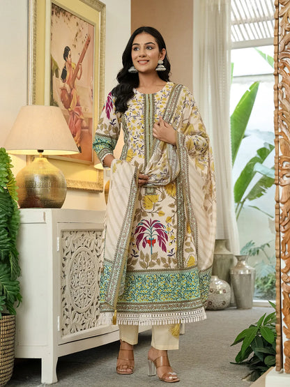 Yellow Cotton Straight Floral Print Beads And Stones Lace Work Kurta Dupatta Set