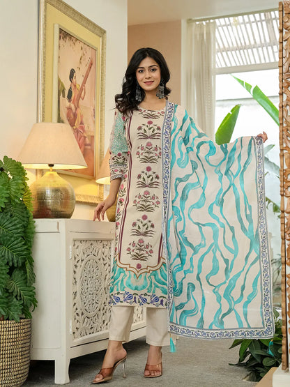 Blue Cotton Straight Floral Print Beads And Stones Lace Work Kurta Dupatta Set