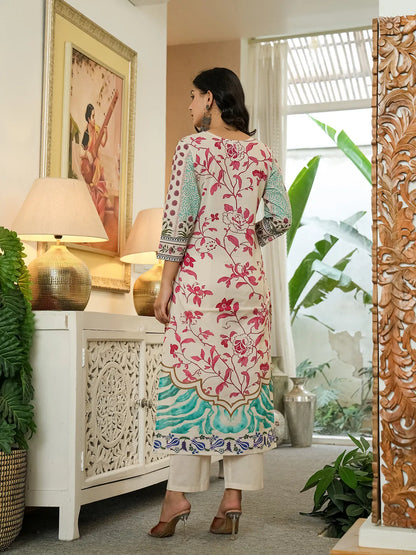 Blue Cotton Straight Floral Print Beads And Stones Lace Work Kurta Dupatta Set