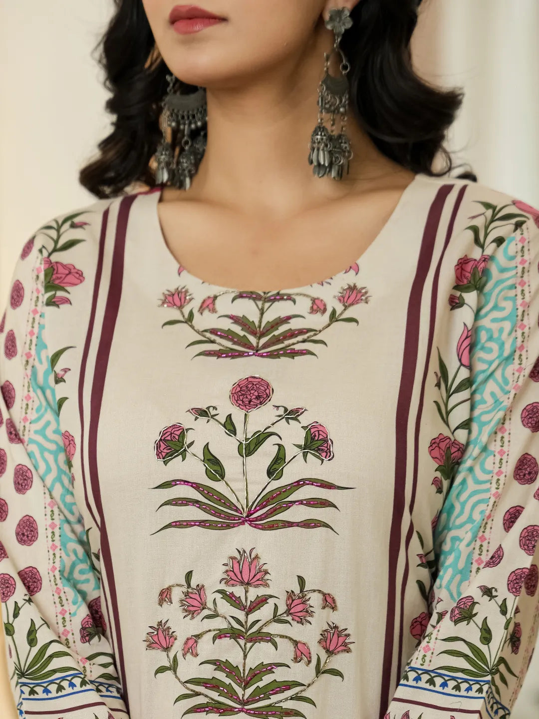 Blue Cotton Straight Floral Print Beads And Stones Lace Work Kurta Dupatta Set