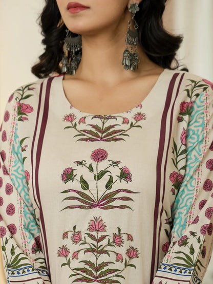 Blue Cotton Straight Floral Print Beads And Stones Lace Work Kurta Dupatta Set