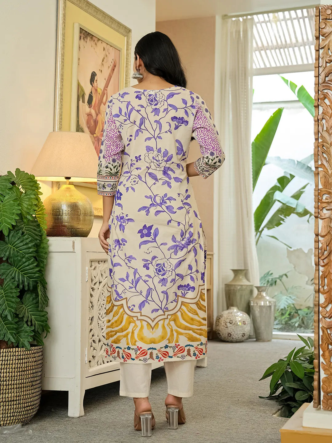 Yellow Cotton Straight Floral Print Beads And Stones Kurta Dupatta Set