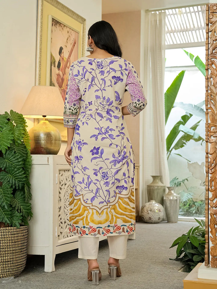 Yellow Cotton Straight Floral Print Beads And Stones Kurta Dupatta Set