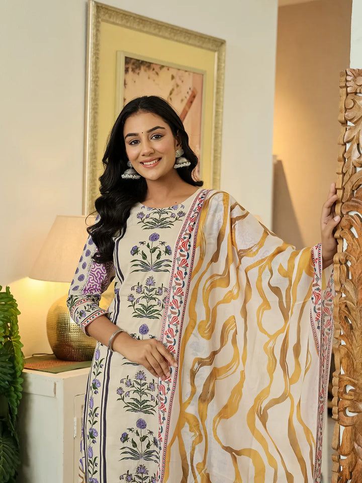 Yellow Cotton Straight Floral Print Beads And Stones Kurta Dupatta Set