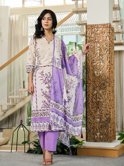 Purple And Off White Cotton Straight Beads And Stones Kurta Dupatta Set