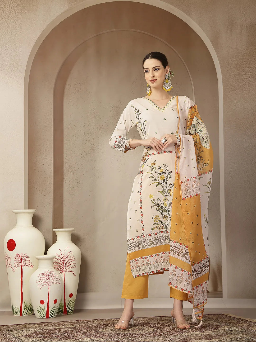 Yellow And Off White Cotton Straight Beads And Stones Kurta Dupatta Set