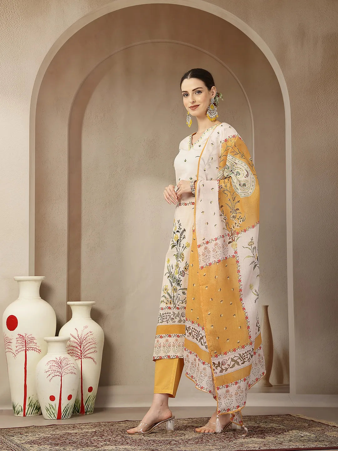 Yellow And Off White Cotton Straight Beads And Stones Kurta Dupatta Set