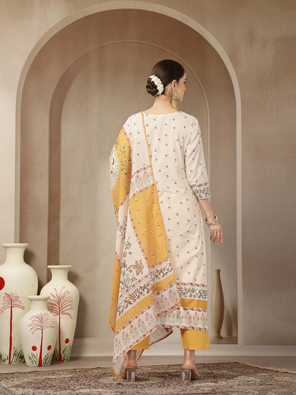 Yellow And Off White Cotton Straight Beads And Stones Kurta Dupatta Set