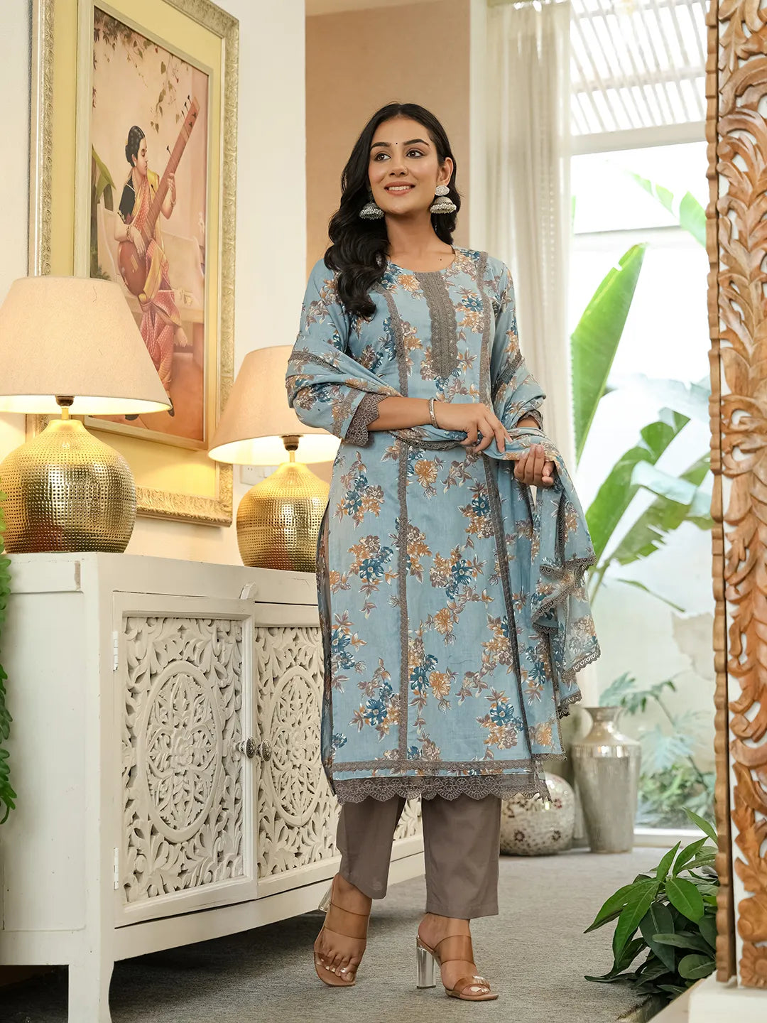 Women's Blue Cotton Blue Cotton Straight Lace Work Kurta Dupatta Set by Yufta, suitable for wholesale buyers, boutiques, retailers, resellers and bulk fashion orders from Trendphoria