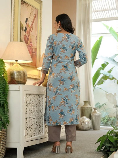 Blue Cotton Straight Lace Work Kurta Dupatta Set