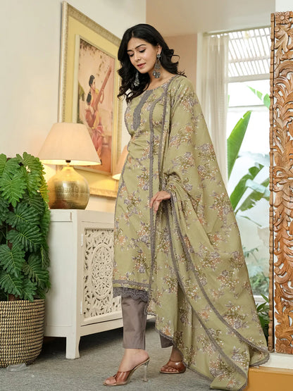 Olive Green Cotton Straight Lace Work Kurta Dupatta Set