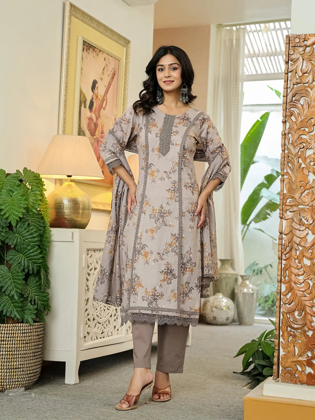 Grey Cotton Straight Lace Work Kurta Dupatta Set