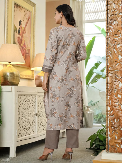 Grey Cotton Straight Lace Work Kurta Dupatta Set