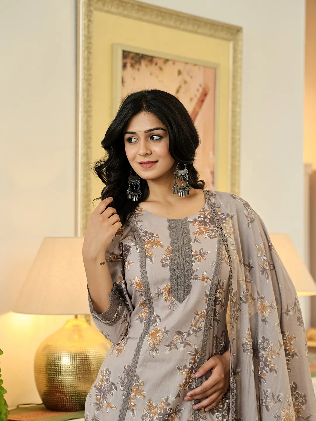 Grey Cotton Straight Lace Work Kurta Dupatta Set