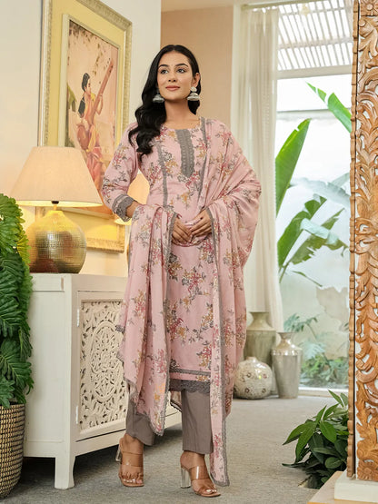 Pink Cotton Straight Lace Work Kurta Dupatta Set