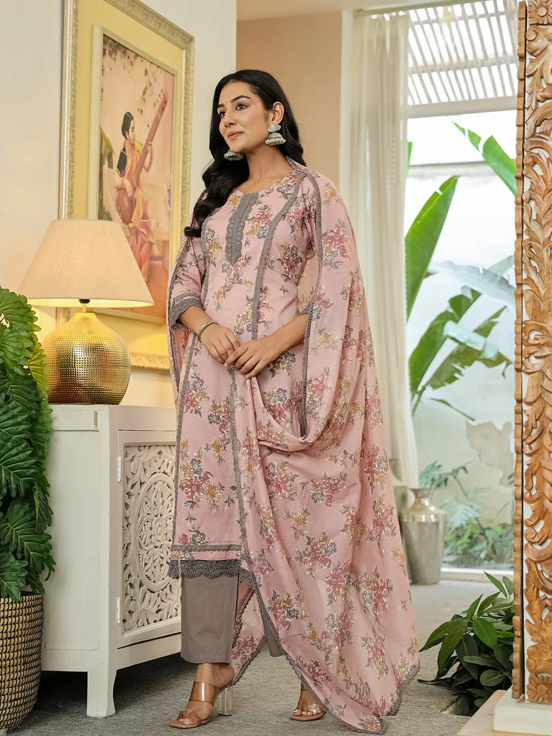 Pink Cotton Straight Lace Work Kurta Dupatta Set
