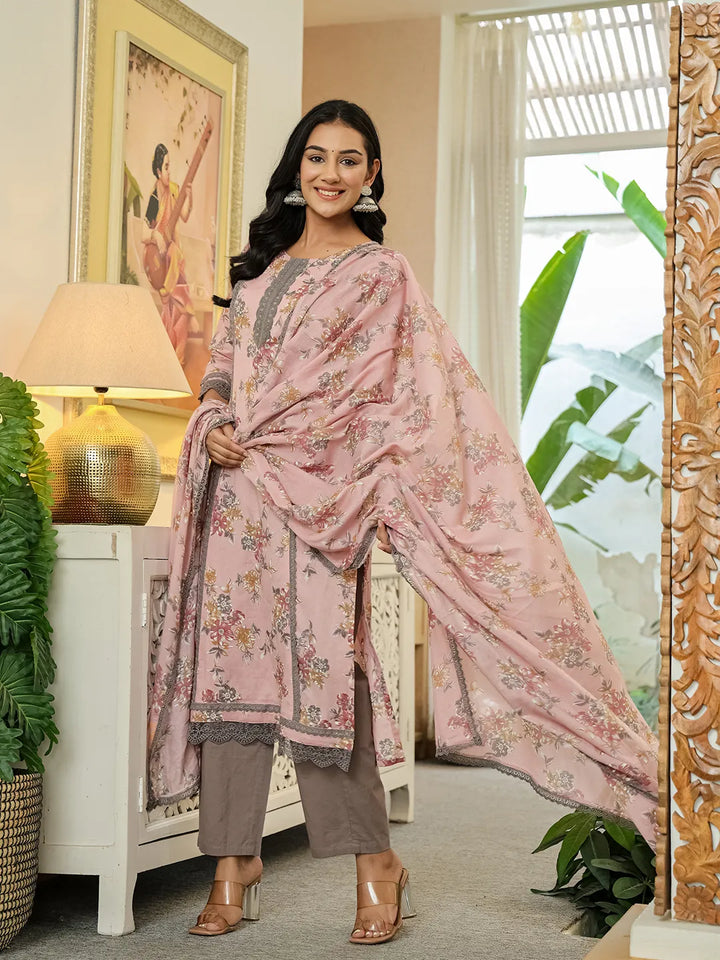 Pink Cotton Straight Lace Work Kurta Dupatta Set