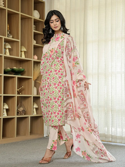 Pink Cotton Straight Floral Sequins-Work Kurta Dupatta Set
