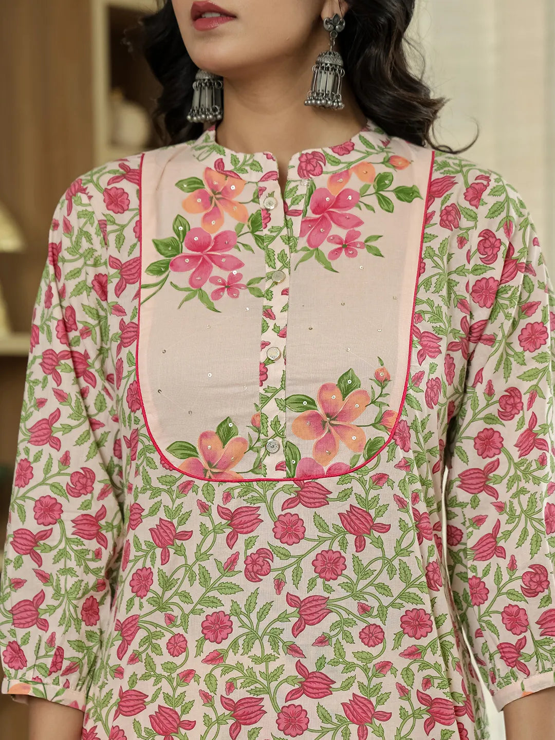 Pink Cotton Straight Floral Sequins-Work Kurta Dupatta Set