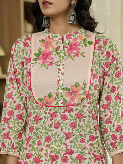 Pink Cotton Straight Floral Sequins-Work Kurta Dupatta Set