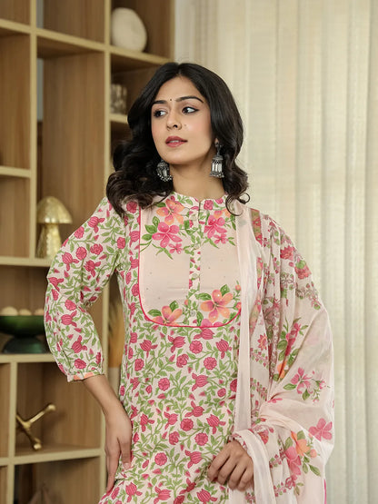 Pink Cotton Straight Floral Sequins-Work Kurta Dupatta Set