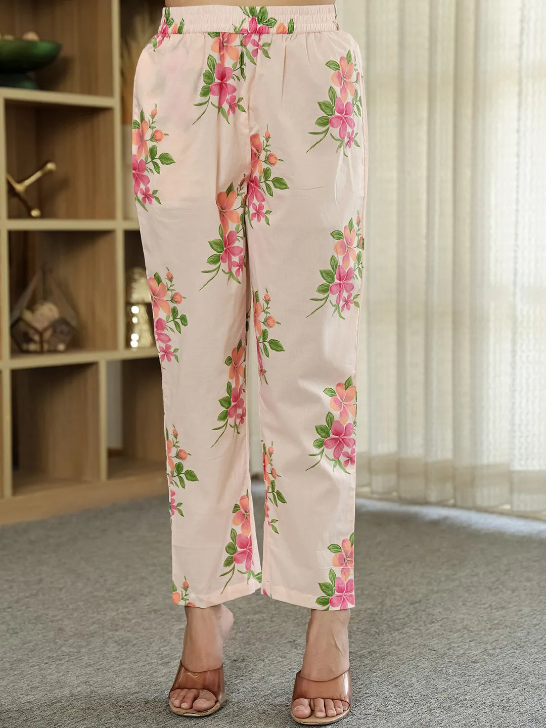 Pink Cotton Straight Floral Sequins-Work Kurta Dupatta Set