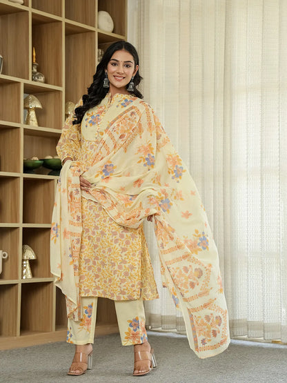 Yellow Cotton Straight Floral Sequins-Work Kurta Dupatta Set