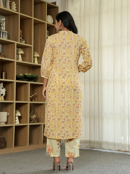 Yellow Cotton Straight Floral Sequins-Work Kurta Dupatta Set
