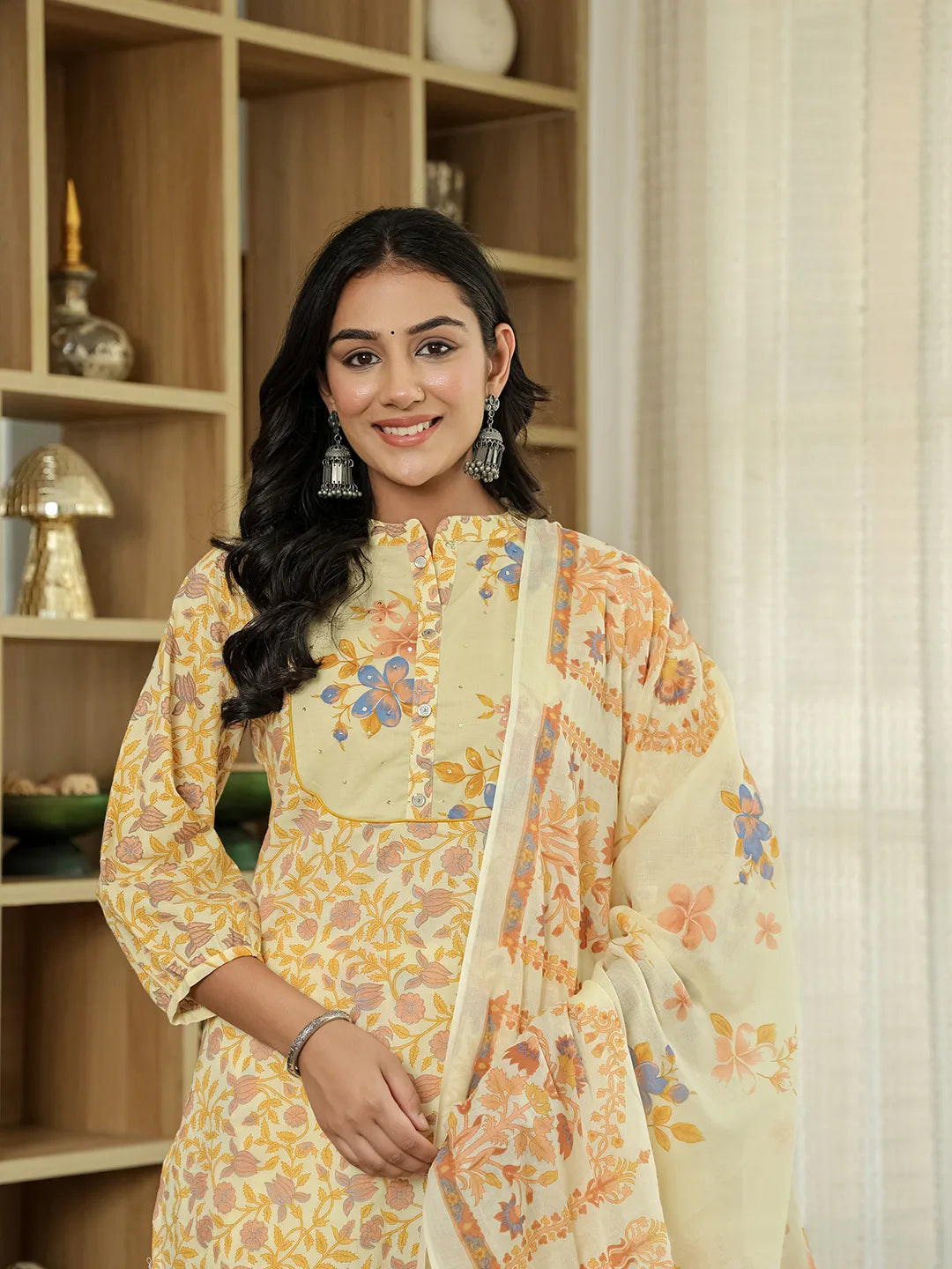 Yellow Cotton Straight Floral Sequins-Work Kurta Dupatta Set