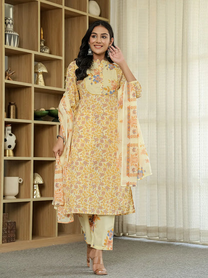 Yellow Cotton Straight Floral Sequins-Work Kurta Dupatta Set