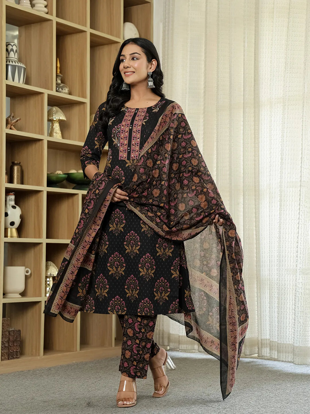 Women's Black Cotton Black Pure Cotton Ethnic Motifs Kantha Work Kurta Dupatta Pant Set by Yufta, suitable for wholesale buyers, boutiques, retailers, resellers and bulk fashion orders from Trendphoria