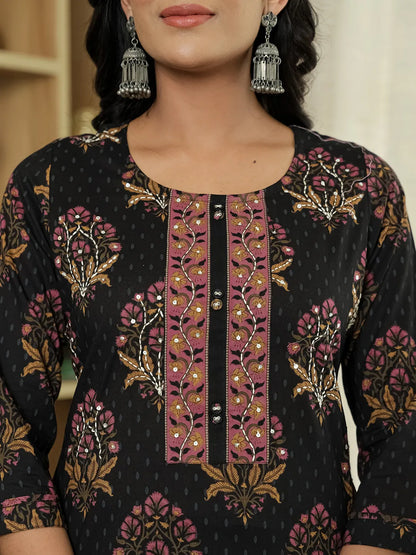 Black Pure Cotton Ethnic Motifs Kantha Work Kurta Dupatta Pant Set