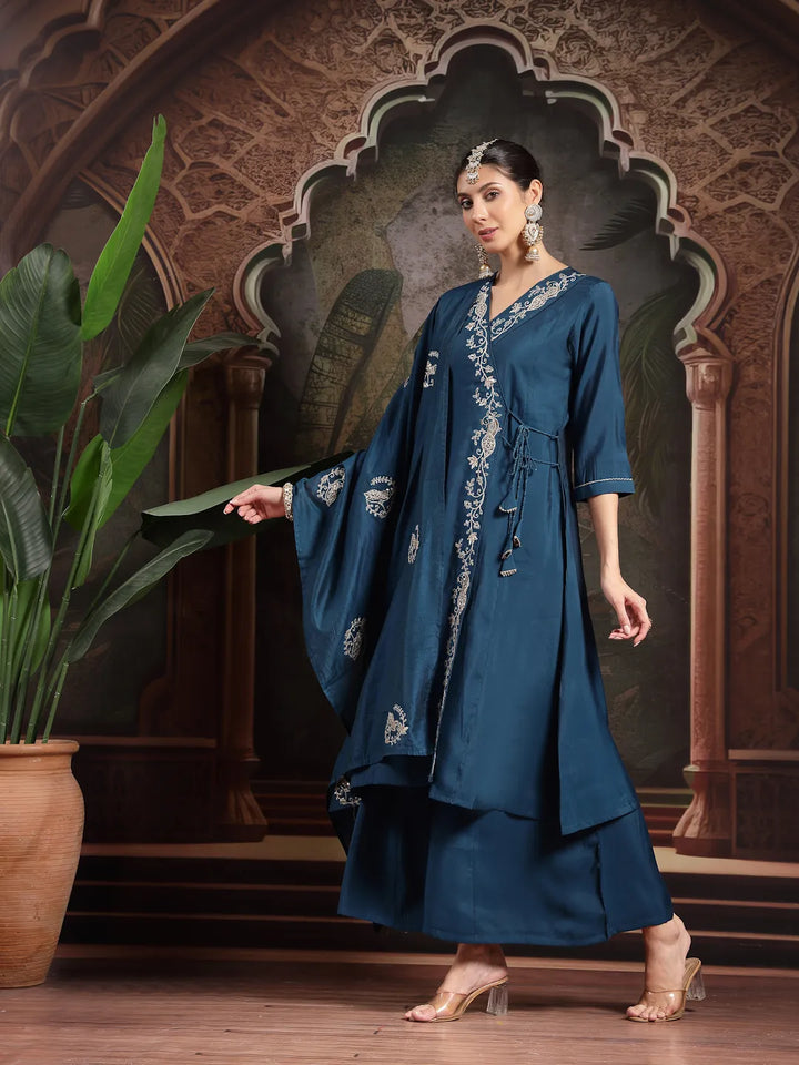 Teal Silk Blend Dori Embroidery Angrakha Kurta Set With Divider Palazzo
