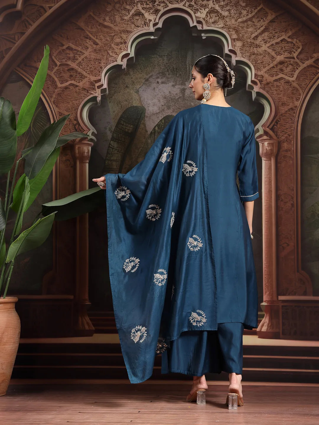 Teal Silk Blend Dori Embroidery Angrakha Kurta Set With Divider Palazzo